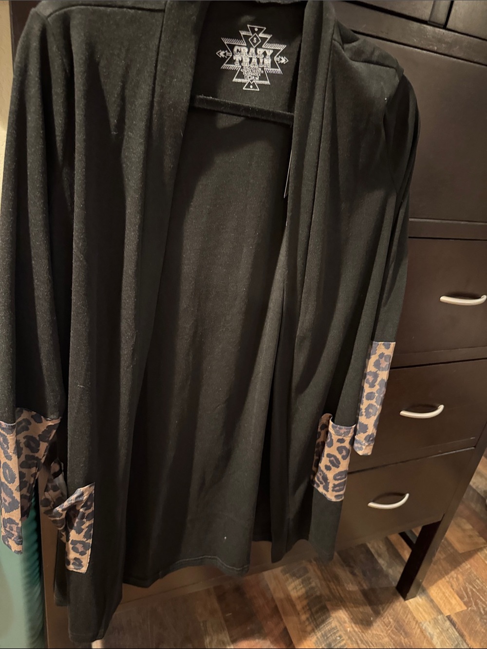 Crazy Train Black Open-Front Cardigan with Leopard Trim